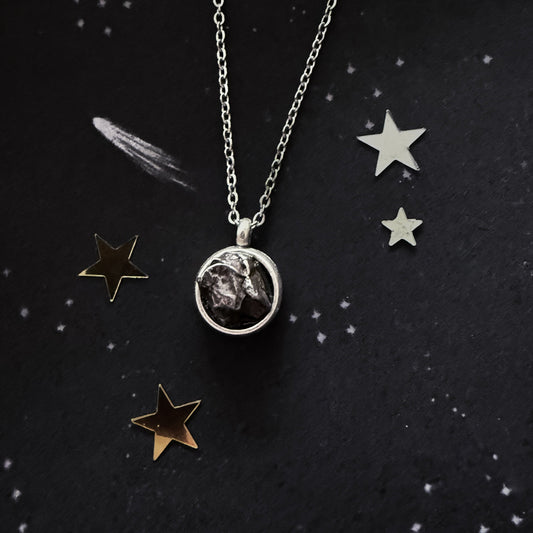(Copy) Small Round Meteorite Pendant Necklace in Matte Brushed Silver